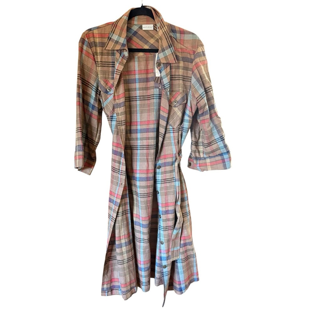 Vtg White Stag Dress 12 Plaid Midi Shirtdress Linen Blend Belt Button Front Y2K - Picture 4 of 16